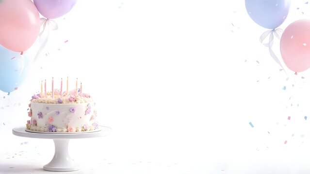 Balloons confetti frosted cake candles party celebration backdrop white background.
