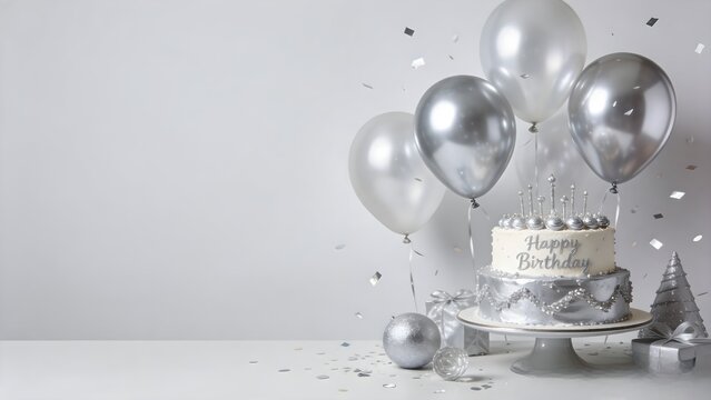 Silver birthday cake metallic balloons confetti gifts holiday party celebration decorations.