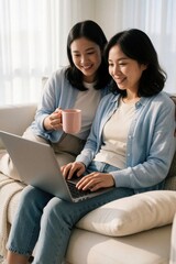 Fototapeta premium Two young Asian women sit together on cozy sofa. Lesbian couple uses laptop for remote work browsing web at home. One partner holds pink mug enjoy relaxing weekend in bright modern apartment