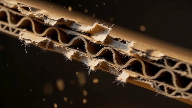 Close up of two hands tearing a piece of brown corrugated cardboard in half revealing the internal wavy structure and microscopic paper fibers flying in the air