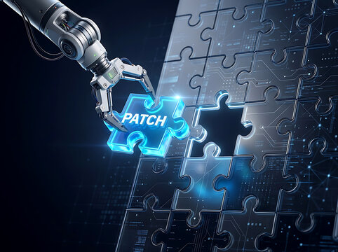 Robotic arm placing a glowing blue puzzle piece labeled patch into a