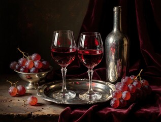 Naklejka premium Red wine in two glasses on silver tray. Metal bottle, fresh grapes on dark red velvet cloth. Elegant wine tasting setup in rustic cellar winery. Still life with alcohol, grapes, luxury tableware for