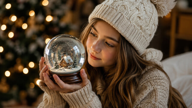 Young girl admiring a snow globe with a miniature cottage beside a Christmas tree, wearing cozy knitwear and dreaming of winter magic