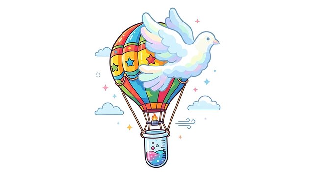 Colorful hot air balloon with flying dove and science beaker