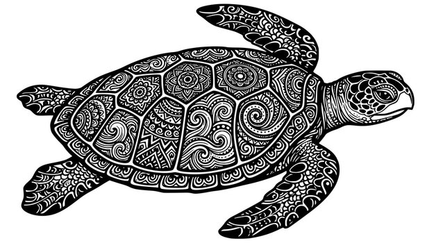 Black and White Sea Turtle Vector Illustration with Decorative Shell Pattern