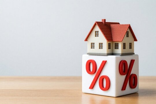 Small model house sits on white cube with red percent symbols. Real estate mortgage loan concept with high interest rate. Home buying cost increase, financial risk, bank lending policy on wooden