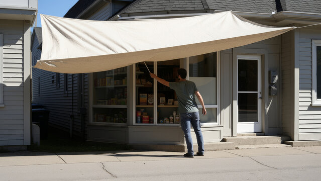 White temporary canopy stands in front of a modern house and open garage during property restoration providing weather protection for equipment and household work