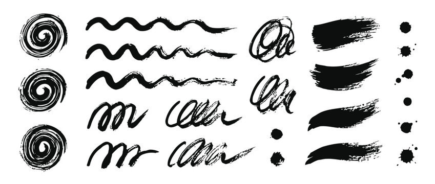 Set of black ink brush strokes, swirls, and design elements