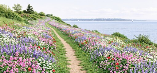 Fototapeta premium Blooming meadow flowers frame a seaside trail, leading the eye toward calm water beneath an overcast sky.