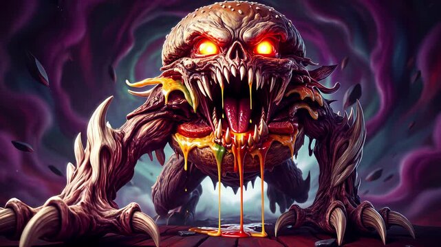 Monstrous burger creature with glowing eyes crawling on wooden surface. Surreal fast food horror concept with dripping cheese and sharp teeth. Panning and tilting camera movement.