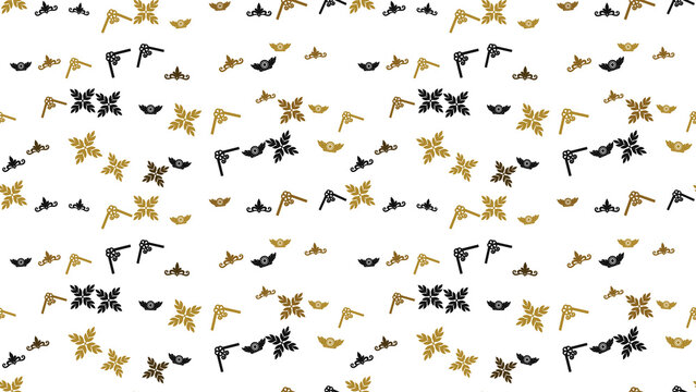Seamless pattern of black and gold corner ornaments and floral motifs