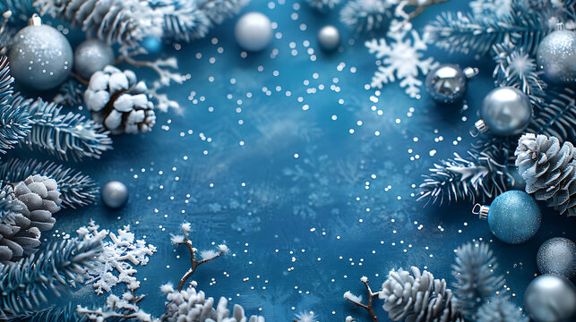 Modern winter wonderland border frame composed of blue and silver baubles and frosted pine branches