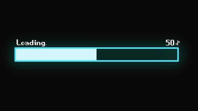 Pixel art neon blue loading progress bar animation with percent counter on dark background