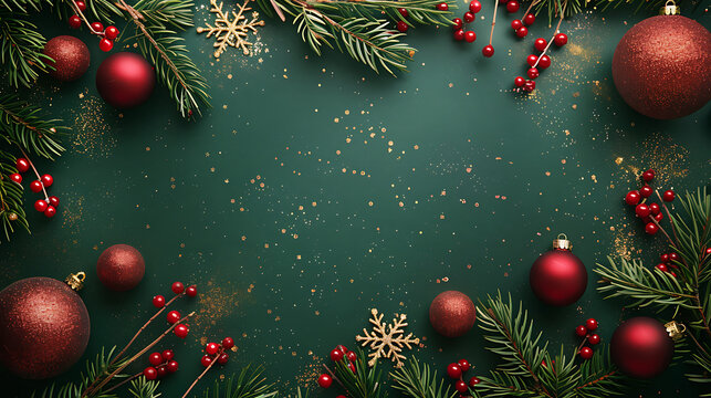 Top-down view of a festive holiday border frame composed of red baubles pine branches and gold glitter on green