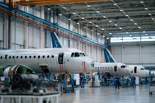 Passenger aircraft fuselage sections under assembly in modern aerospace production hangar