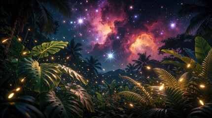Fototapeta premium Magical night scene with glowing fireflies in rich tropical jungle. Vibrant starry sky with colorful nebula, galaxy clouds above exotic plants. Fantasy forest landscape with bright sparkles, deep