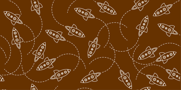 Rocket doodle seamless pattern. Rocket with dotted line doodle pattern. Seamless pattern of rocket doodle background. Hand drawn of rocket with dotted line repeat design.