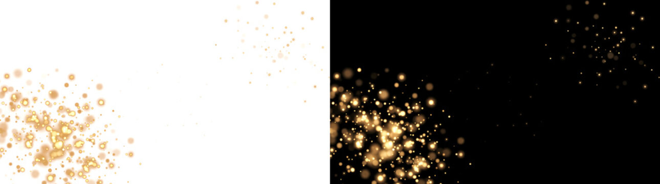 Gold glitter burst with glowing bokeh sparkles clustered in the corner for luxury festive designs in PNG, Transparent and Black Background Versions