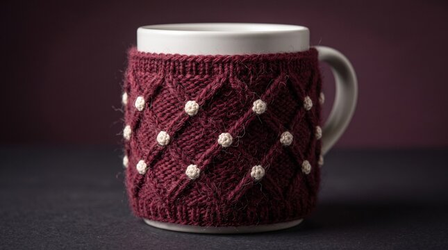 Burgundy wool knit mug sleeve with diamond lattice pattern and cream bobbles on white mug, dark moody background