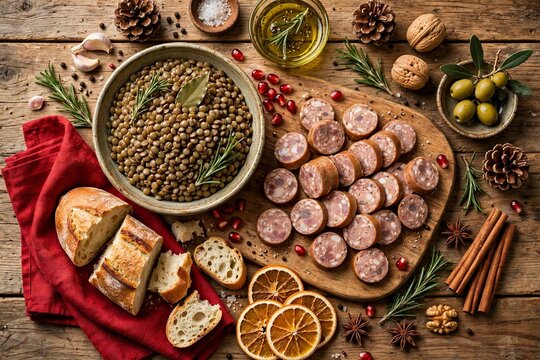 Italian New Year feast flat lay with lentils, cotechino sausage, red napkins and rustic bread