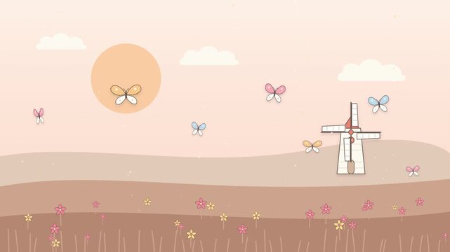 Soft peach paper cut animation of a windmill on a warm sunset meadow background. Papercut pastel background with spinning windmill, peach sunset sky, and fluttering butterflies loop
