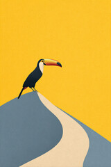 Fototapeta premium Colorful toucan perched on a stylized hill against a bright yellow background during a sunny day