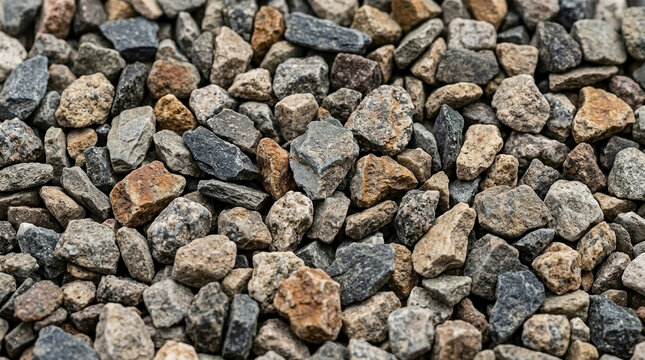 Loose gravel texture of small natural stones, aggregate material for construction blogs, landscaping websites, geology education, industrial designs, rustic natural backgrounds, and drainage.