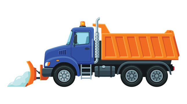 Blue snowplow truck vector illustration with bright orange cargo bed and yellow beacon light