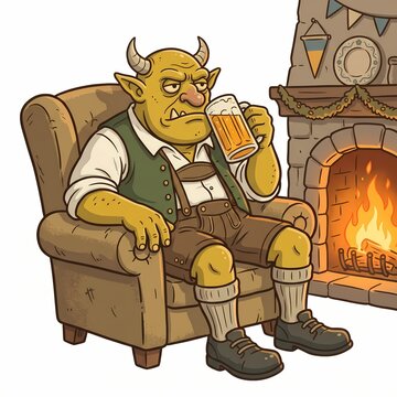 Fantasy horned troll character sitting in an armchair by a cozy fireplace while drinking a glass mug of beer