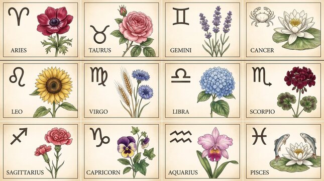 Twelve zodiac signs paired with corresponding flowers and symbols on a beige