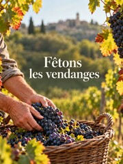 Naklejka premium French grape harvest greeting with a wicker basket and autumn leaves