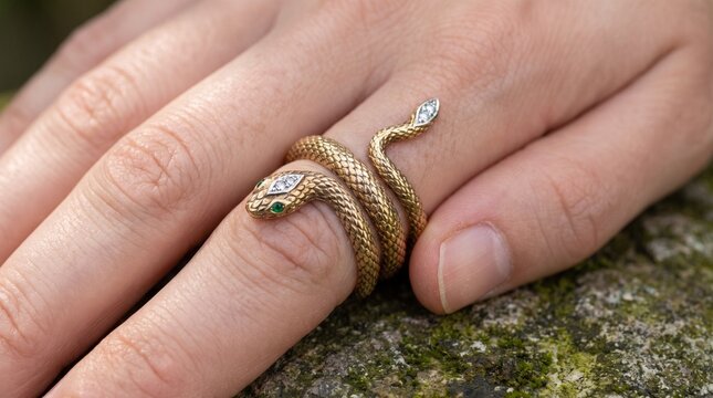 Hand wearing intricate snake shaped ring on rough textured surface with ornament