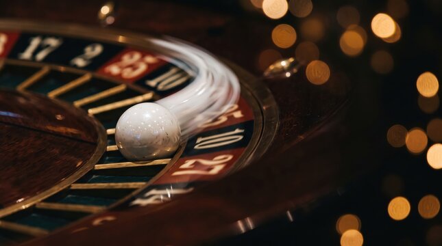 Roulette ball spinning on a wooden wheel with motion blur. Golden bokeh lights create a luxury atmosphere in the background.