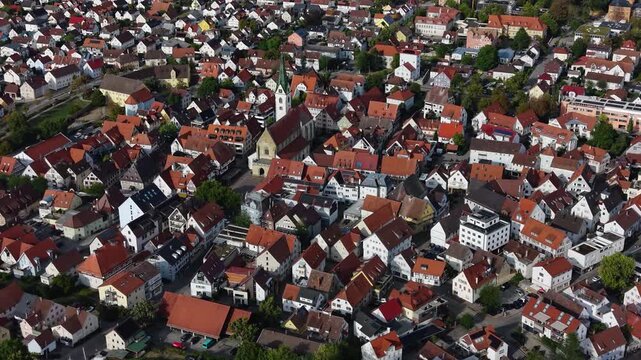 A panoramic aerial view beside the old town of the city Bad Saulgau in Germany on a sunny summer afternoon.
