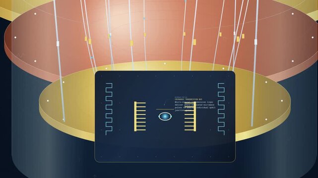 Futuristic animation of quantum parallel computing conceptual model with glowing spheres and interconnected data lines processing information on layered metallic platforms