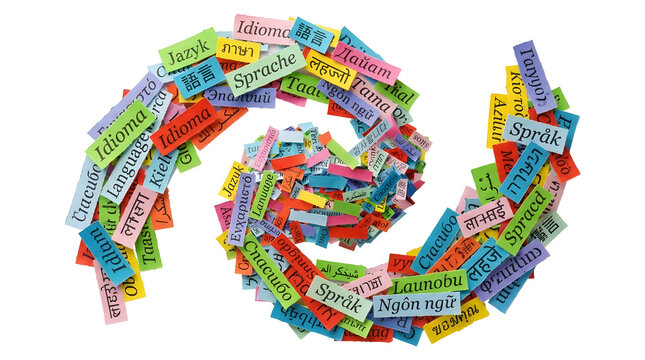 Colorful spiral of multilingual word labels on white background