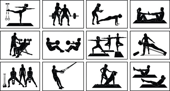Fitness exercise silhouettes depict various workout routines and strength training activities aerobic athlete athletics back balance barbell black bodybuilding calisthenics