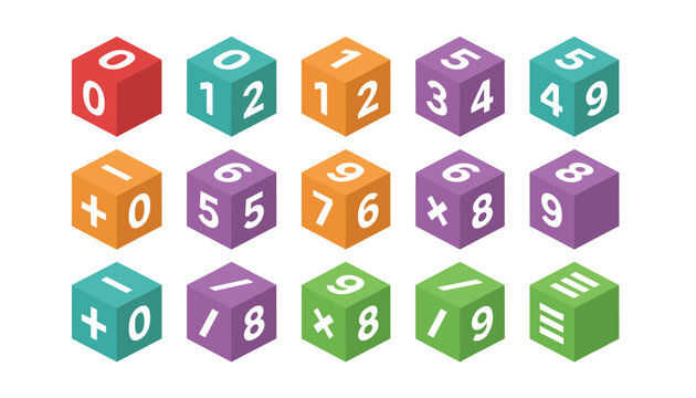 Organized grids of isometric colored cubes present various numbers and mathematical operation symbols clearly.