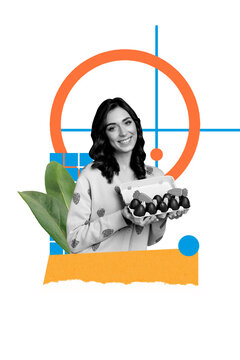 Creative trend artwork design collage sketch of easter seasonal day family religion tradition young woman smile hand hold barton box eggs
