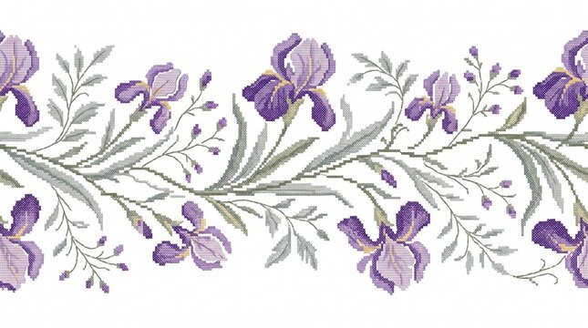 Cross stitch purple iris floral border, embroidery style seamless pattern with lavender flowers and green leaves, botanical needlework design for textile and home decor.