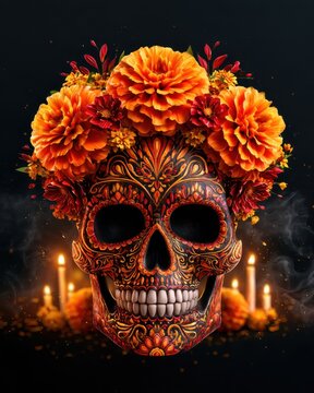 Dia De Los Muertos Celebration with Sugar Skull Decorative Flower and Burning Candles on Dark Background Photo.