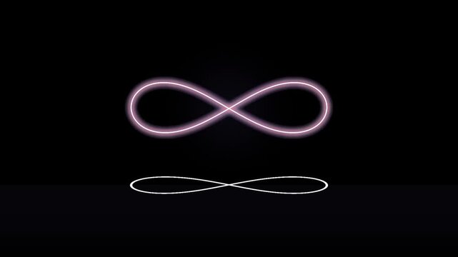 Glowing neon infinity symbol animation with reflection on black background, for abstract motion, and tech concepts