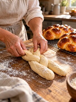 Baker braiding challah dough on a sunlit flour dusted kitchen table