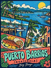 Fototapeta premium Puerto Barrios Bay Breeze travel poster featuring a sunny harbor, sailboats, palm-lined streets, local seafood, and Guatemala lettering.