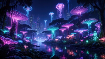 Fototapeta premium Futuristic glowing mushrooms grow in dark jungle near neon city skyline. Giant bioluminescent fungi light up night landscape with pink, blue colors. Sci-fi alien forest meets cyberpunk urban