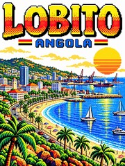 Fototapeta premium Retro pixel art travel poster for Lobito, Angola, featuring a tropical bay, palm-lined beach, sailboats, harbor, and sunset.