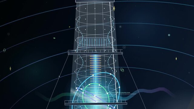 Sci-fi animation of a planetary terraforming induction spire, featuring a superconducting dipole magnetization array and atmospheric nanite distribution hub transforming an alien planet environment