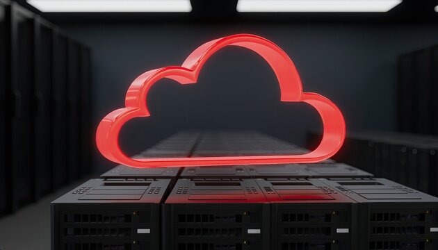 A glowing red cloud symbol floats above a server rack in a data center.