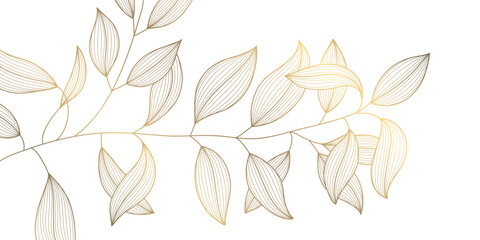 Fototapeta premium Luxury gold floral pattern with elegant golden line leaves, flowers, Art Deco ornament. Nouveau fancy wallpaper, abstract background, graphic design, botanical print, japanese design.