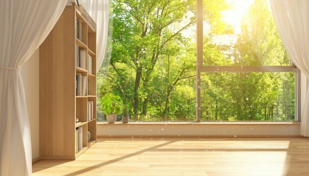 Sunlit room with a bookshelf and a view of lush green trees through a large window.